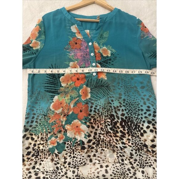 Soft Surroundings Tunic Top Women Small Blue Floral Leopard Print Tropical Sheer - Picture 9 of 10